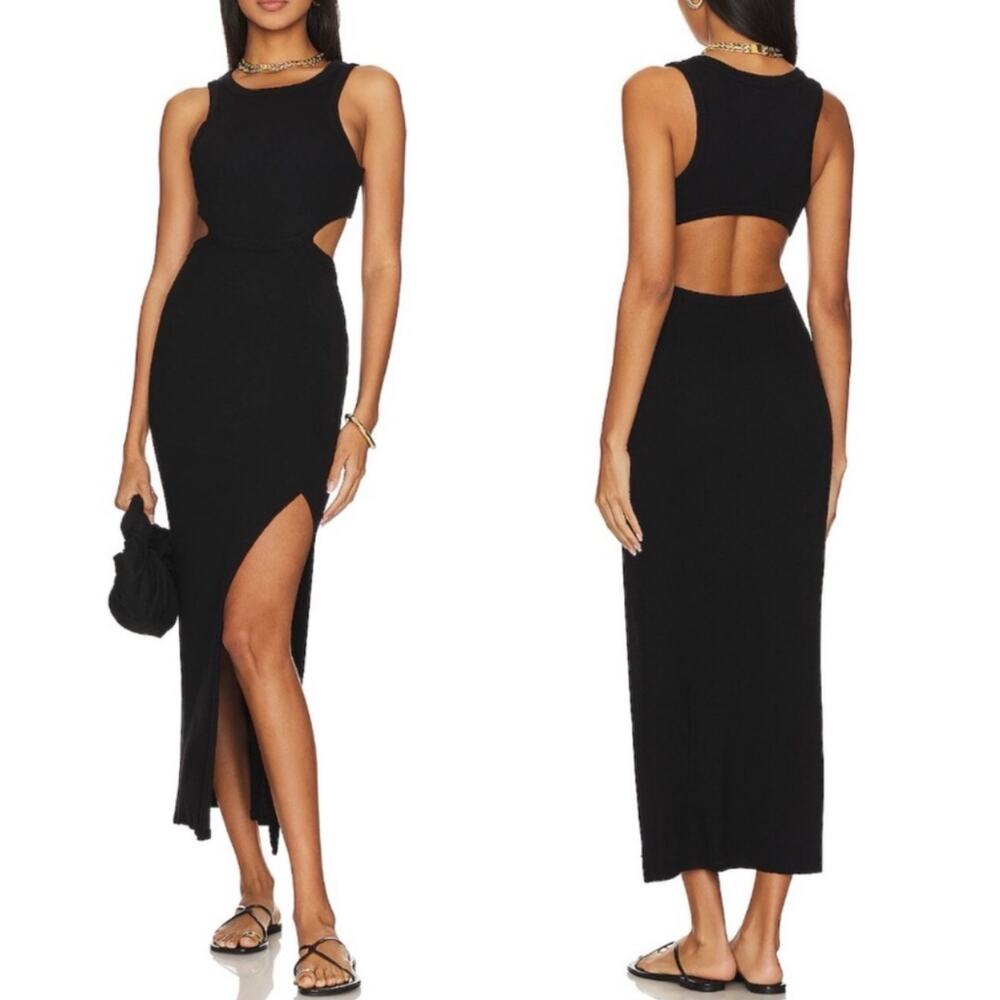L*SPACE Charli Dress Ribbed High Neck Casual Cut-Out Back Midi Black Size XL